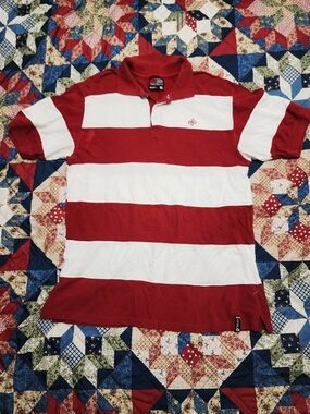 South Pole Men's Red and White Horizontal Stripe Polo